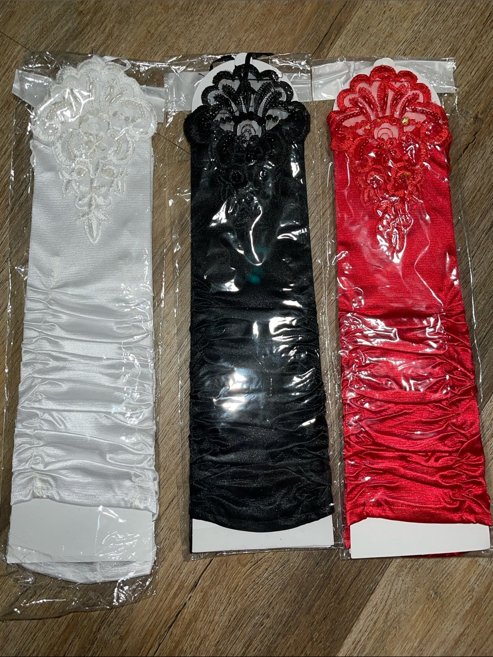 3 pair Gloves Satin Hairband with Lace Accent - White, Black, Red